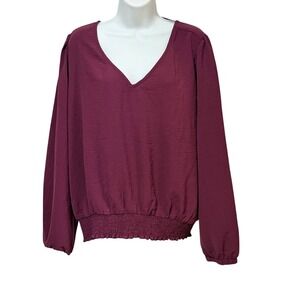 Mine Britton Womens XL Plum V-Neck Smocked Hem Tie Back Long Sleeve Blouse